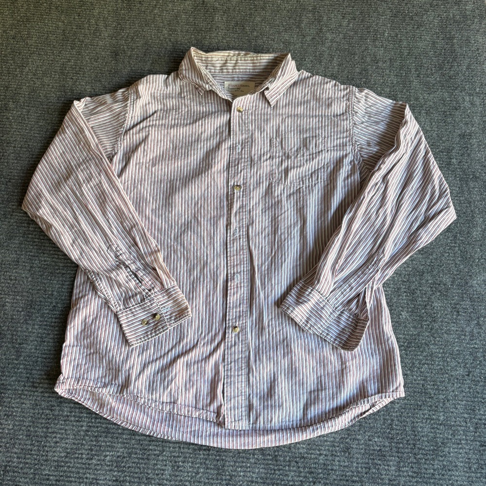 Wrangler Jeans Co Mens Large Striped Button Down Shirt Red White Grey Cotton